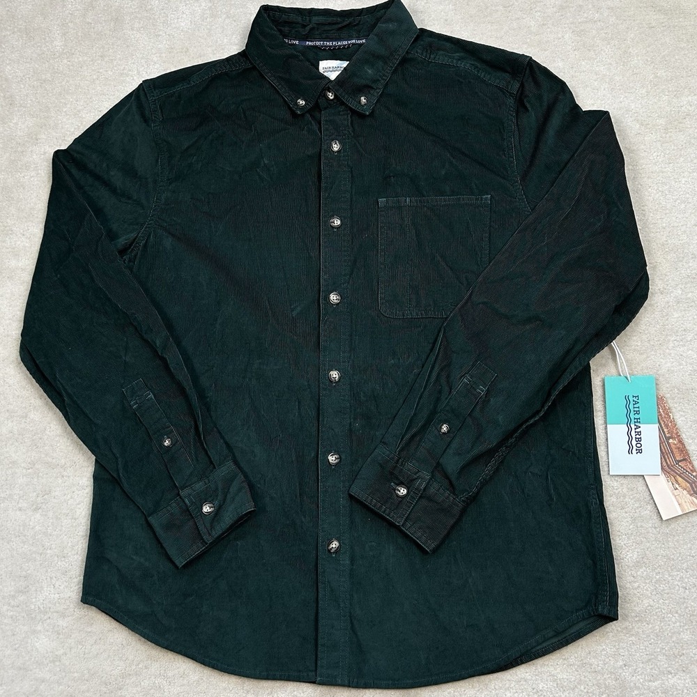 Fair Harbor Mens Medium Hunter Green Wilder Stretch Corduroy Button Down